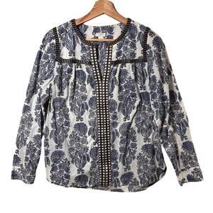J. Crew Embroidered Long Sleeve Lightweight Cotton Blouse Top Blue Floral
